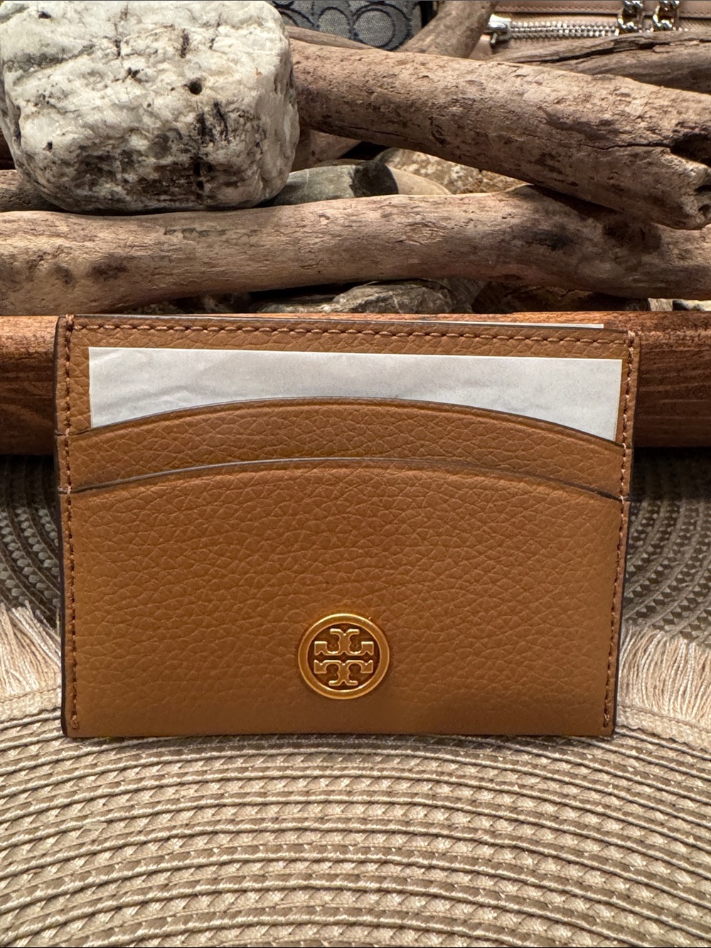 Tory Burch Cognac Leather Card Holder with Gold Logo